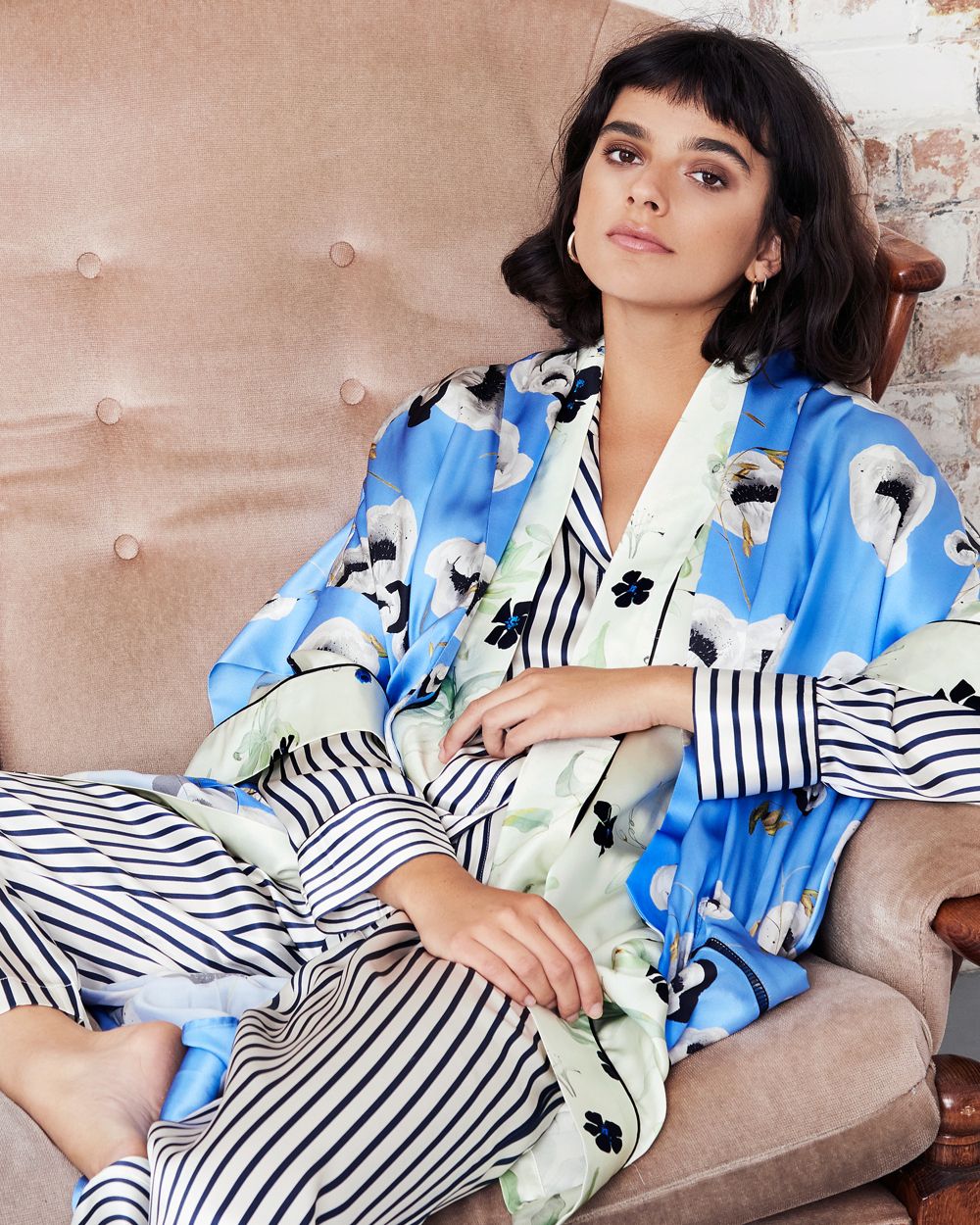 Ultra Blue Peony Piped Kimono